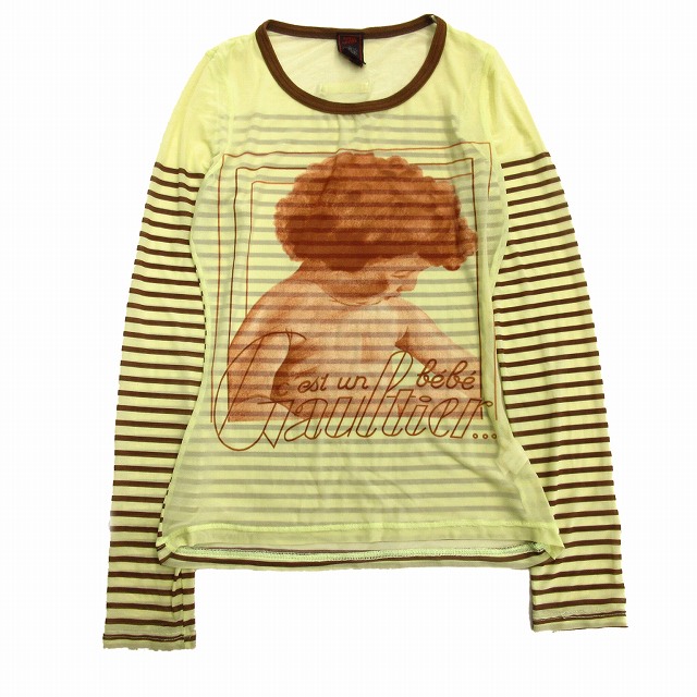 美品 96SS ジャンポールゴルチエ クラシック Jean Paul GAULTIER CLASSIQUE 90's パワーネット ベビープリント ボーダー カットソー ロング Tシャツ シースルー ストレッチ オールド ビンテージ アーカイブ 40 イエロー ブラウン レディース