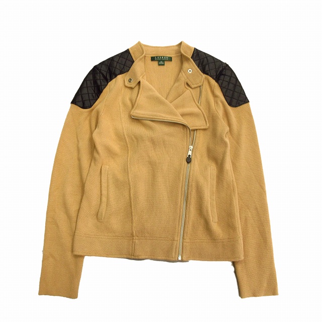 ローレンラルフローレン LAUREN RALPH LAUREN ニット ライダース ジャケット ブルゾン キルティング フェイクレザー 切替 ダブル XS ベージュ レディース♪8※ 【数量は多】 ラルフローレン ニット ライダース ライダースジャケット