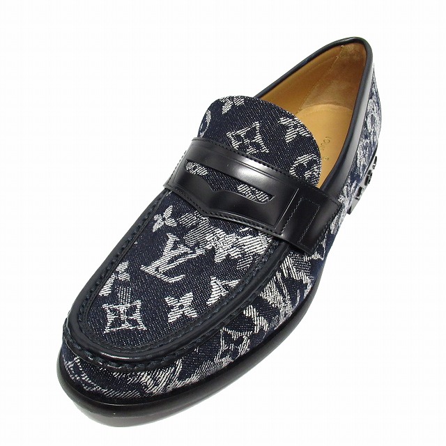 美品 21ss ルイヴィトン Louis Vuitton モノグラム タペストリー デニム Lv ライン ローファー レザー シューズ 1a8jue サイズ6 25cm ネイビー ブルー 白系 メンズ ８ 026 ベクトルパーク