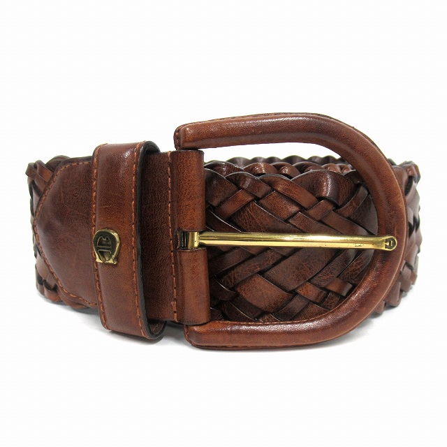 アイグナー AIGNER レザー 編み込み ワイド ベルト ロゴ ワンポイント サイズ36/90 茶 ブラウン メンズ ♪8