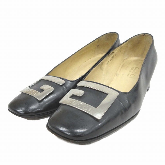 グッチ GUCCI Gロゴ プレート レザー パンプス チャンキーヒール 