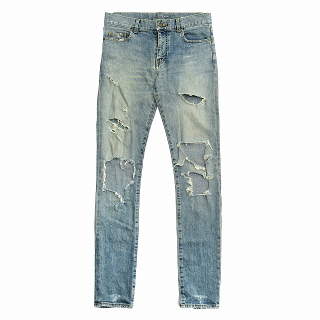 15aw サンローラン パリ Saint Laurent Paris By Hedi Slimane エディ期 デストロイ加工 クラッシュ ダメージ スキニー デニム パンツ Destroy Crash Damage Jeans D02 M Sk Lw W30 インディゴブルー 青 メンズ ９ 026 ベクトルパーク