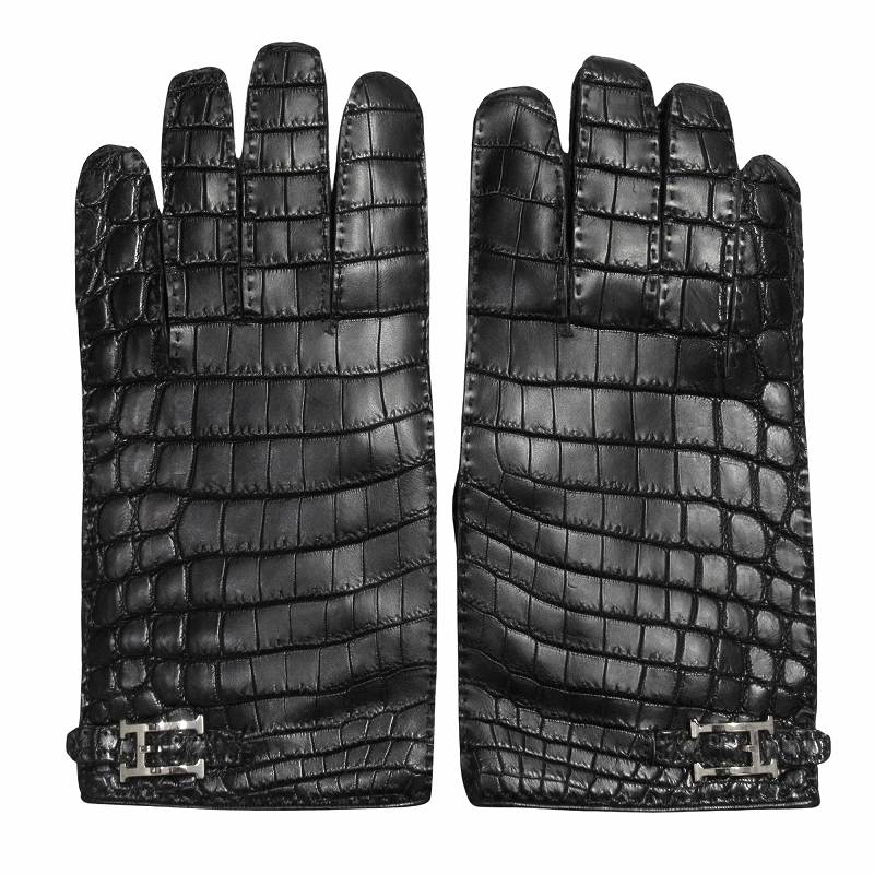 美品 エルメス HERMES Hロゴ 金具 クロコダイル レザー グローブ ワニ