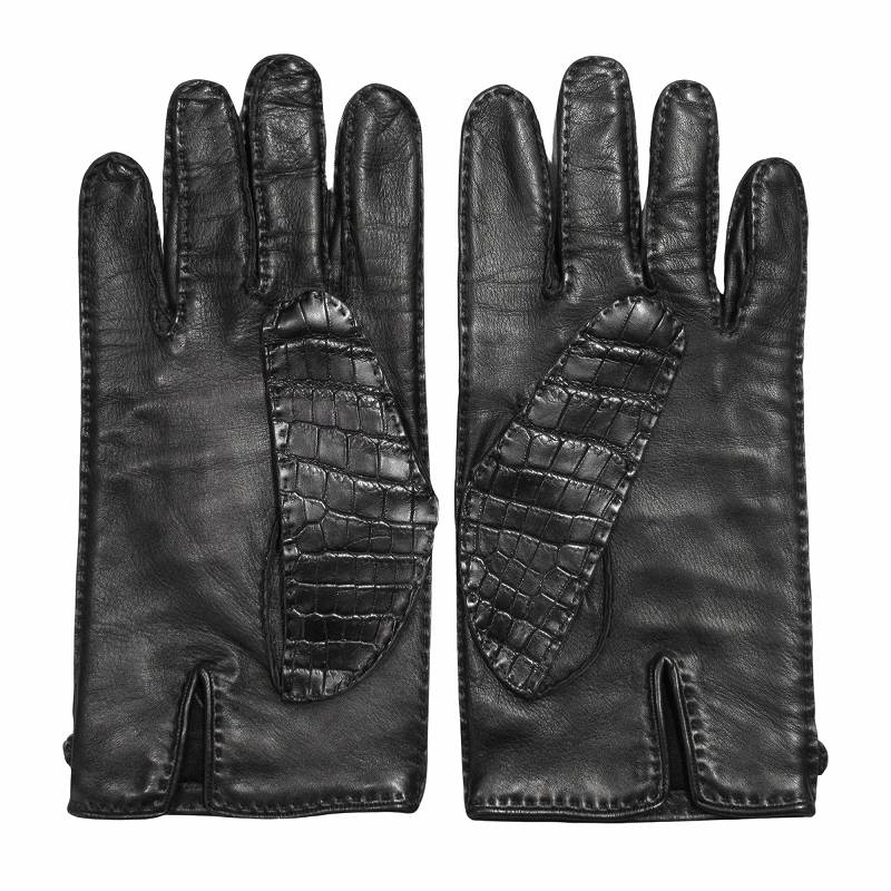 美品 エルメス HERMES Hロゴ 金具 クロコダイル レザー グローブ ワニ