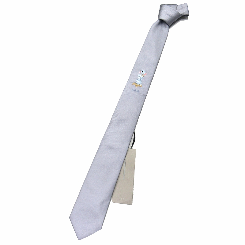 【希少】DIOR ディオール　ネクタイ　刺繍　ブルー　ナロータイ　光沢　CDロゴ 未使用品 22aw ディオール DIOR ドッグ ロゴ 刺繍 ナロータイ ネクタイ
