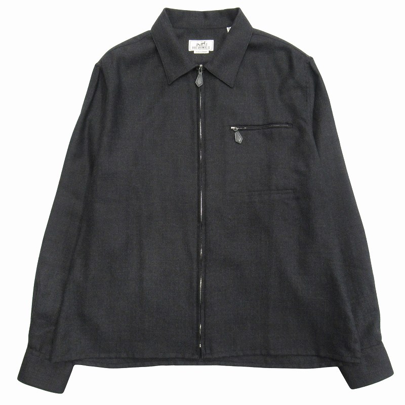 【中古】美品 エルメス HERMES セリエボタン ウール ジップアップ シャツ ジャケット ブルゾン レザープル 美品 エルメス HERMES セリエボタン ウール ジップアップ シャツ