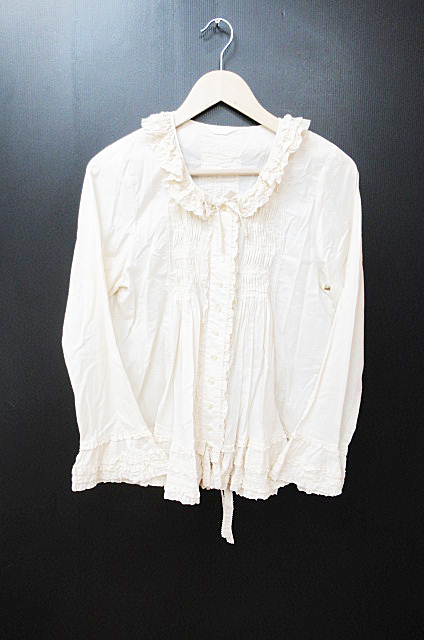 ピンクハウスPINK HOUSEフリルリボン長袖シャツブラウス-オフチャロフ