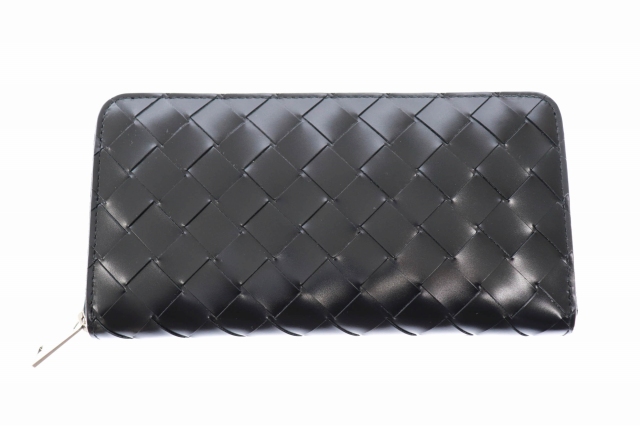 ボッテガヴェネタ BOTTEGA VENETA イントレチャート スパッツォラート カーフレザー ラウンド ファスナー 長財布 黒 ブラック ブランド古着ベクトル 中古▲■●210129 0300 メンズ