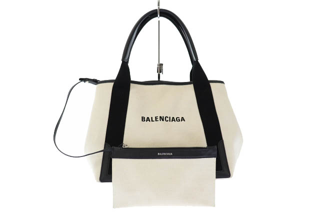 バレンシアガ BALENCIAGA NAVY CABAS S ネイビー カバ レザー キャンバス トート バッグ 339933 AQ38N 1081 黒 白 ブラック ホワイト ブランド古着ベクトル 中古 ☆AA★▲●■ 211121/103 レディース