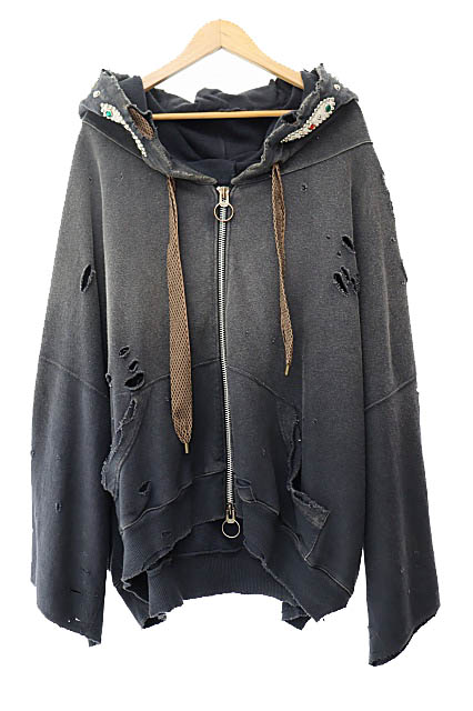 【中古】キャピタル kapital 裏毛 スリラー ダメージ デビル フード ブルゾン パーカー スタッズ リメイク F黒 251026 キャピタル kapital 裏毛 スリラー ダメージ デビル フード ブルゾン