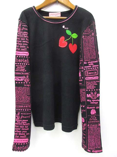 子供服 Mezzo Piano メゾピアノ 英字 プリント 切替 ハート さくらんぼ クルーネック 長袖 Tシャツ カットソー 160 ブラック レディース 036 ベクトルパーク