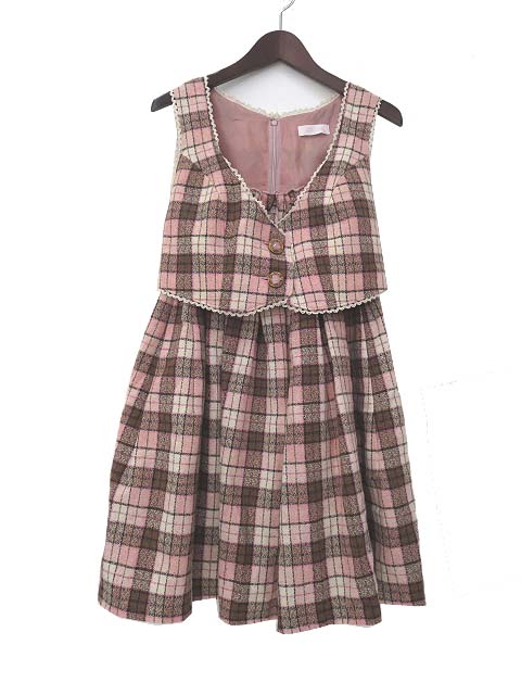 Liz Lisa リズリサ チェック柄 ノースリーブ レースブレード ウール ワンピース ピンク ブラウン レディース 036 ベクトルパーク
