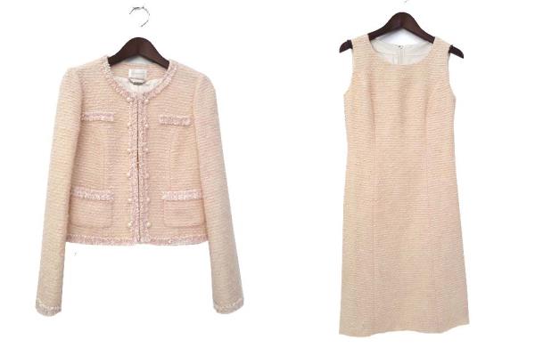 Harrods ハロッズ リボン フリル ミックス ノーカラー ウール ジャケット ノースリーブ ワンピース アンサンブル セット 1 ピンクベージュ レディース 036 ベクトルパーク