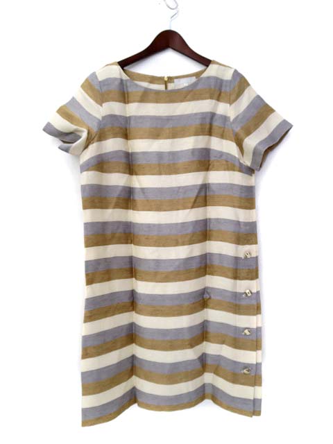 自由区 オンワード樫山 ワンピース 44 Xl ベージュ 灰 グレー リネン 半袖 ひざ丈 ボーダー 大きいサイズ レディース 036 ベクトルパーク