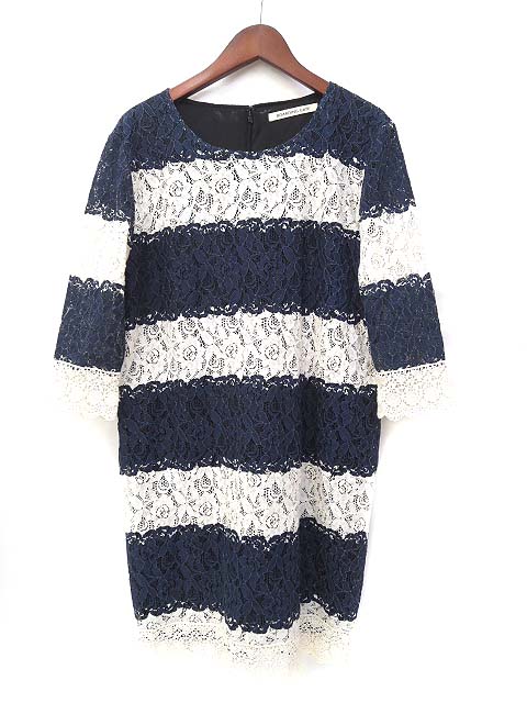 ピーチジョン Boarding Gate ワンピース M 紺 ネイビー 白 ホワイト 五分袖 総レース ボーダー バックジップ レディース 036 ベクトルパーク