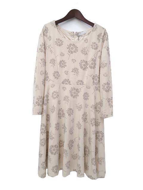 未使用品 イーハイフンワールドギャラリー E Hyphen World Gallery ワンピース F ライト ベージュ 花柄 七分袖 ミニ フレア レディース 036 ベクトルパーク