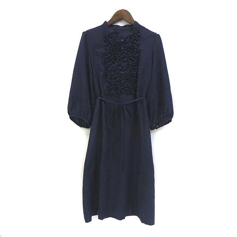キャサリンロス Katharine Ross ワンピース M 紺 ネイビー ポリエステル 七分袖 ひざ丈 無地 フリル インナーキャミ付き レディース 036 ベクトルパーク