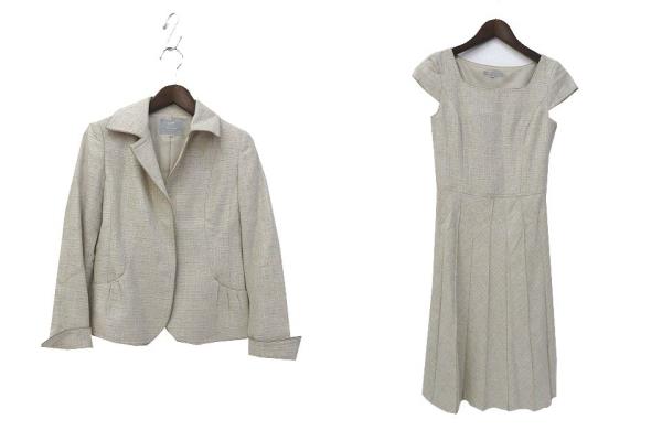 23区 オンワード樫山 アプロディール Applaudir セットアップ スーツ 32 Xs ライト ベージュ ウール シルク ツイード ジャケット ワンピース 上下 美品 レディース 036 ベクトルパーク
