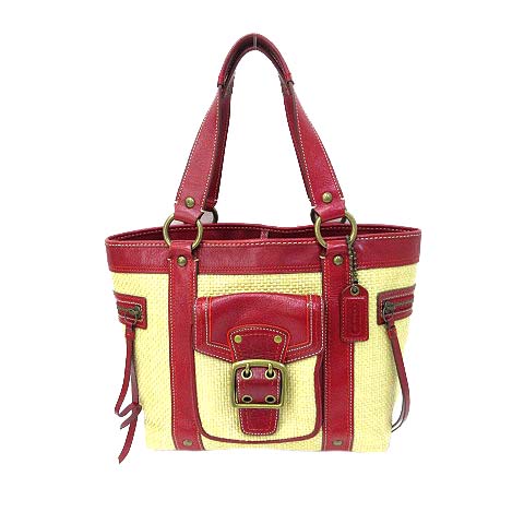 コーチ COACH ハンド トート カゴ バッグ 赤 レッド ベージュ ストロー 