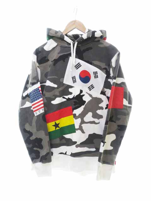 シュプリーム Supreme 13aw Flags Wappen Pullover Hoodie Sweatshirt フラック カモフラ プルオーバー 国旗 ワッペン スウェット フーディー パーカー 迷彩 M ブラック グレー マルチカラー ブランド古着ベクトル 中古 1118 メンズ 037