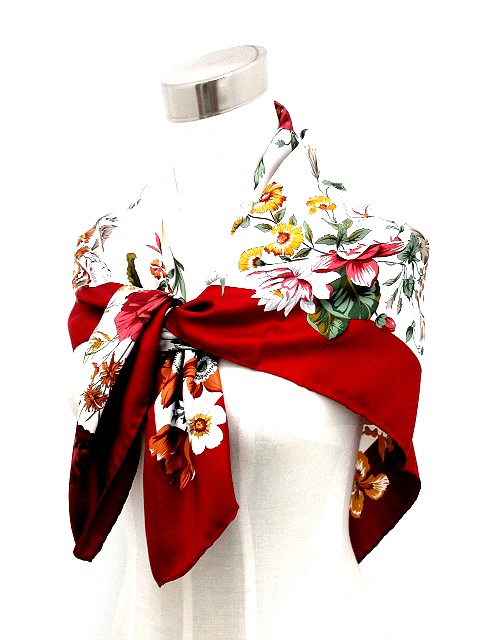 クリスチャンディオール Christian Dior シルク スカーフ 花柄 赤 白  