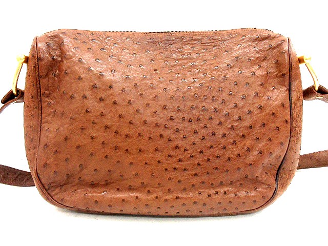 グッチ GUCCI オーストリッチ レザー ショルダー バッグ 皮革 茶  