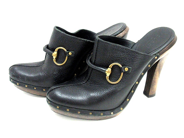 グッチ GUCCI ホースビット サボ サンダル レザー ウッドヒール 黒 