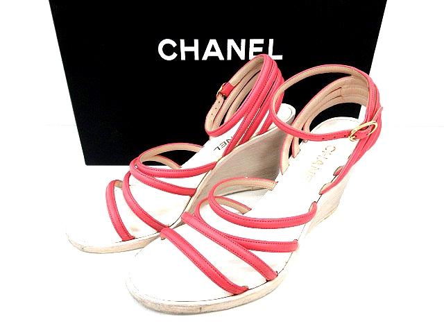 シャネル CHANEL サンダル ストラップ ウェッジソール ウッド レザー 
