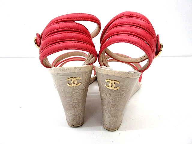 シャネル CHANEL サンダル ストラップ ウェッジソール ウッド レザー 