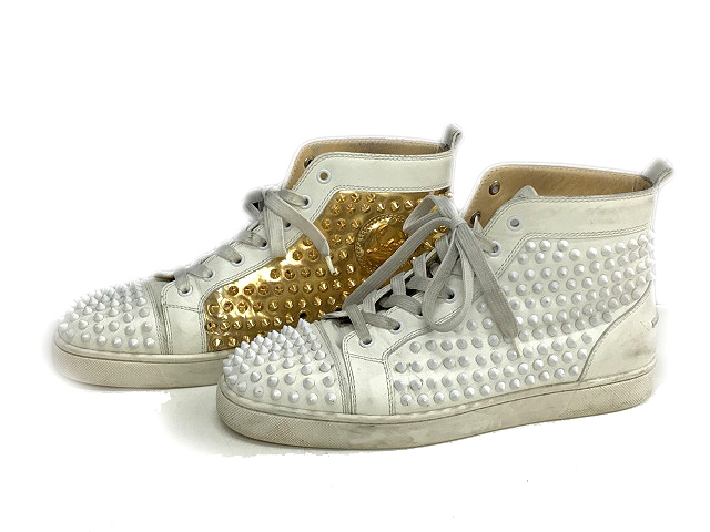 クリスチャンルブタン Christian Louboutin スニーカー ハイカット レザー サイズ 42 ルイス スパイクス カーフスキン 白 ホワイト ゴールド Louis Spikes レースアップ シューズ Ibs メンズ 042 ベクトルパーク