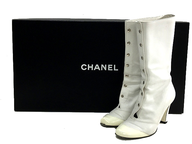 シャネル CHANEL ブーツ ミドル レザー スナップボタン 白 ホワイト サイズ 37 1/2 革皮 イタリア製 IBS レディース