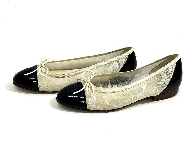 シャネル CHANEL フラット バレエ シューズ レース パテントレザー 