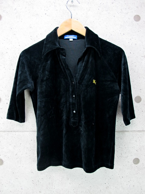 美品 BURBERRY BLUE LABEL スキッパー ベロア 長袖ポロシャツ