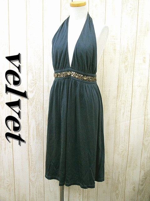 70s ビッグカラー 丸襟 ホルターネック ベルベットロングワンピース