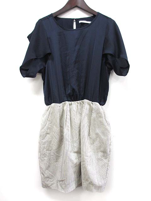 ケイビーエフ Kbf アーバンリサーチ コクーン ワンピース S 紺 ネイビー オフホワイト ミニ丈 半袖 ストライプ 無地 ブラウジング ウエストゴム W レディース 048 ベクトルパーク