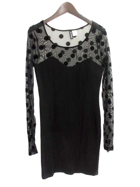 エイチ エム H M Divided ワンピース Eur 36 黒 ブラック ナイロン 長袖 ドット レディース 048 ベクトルパーク