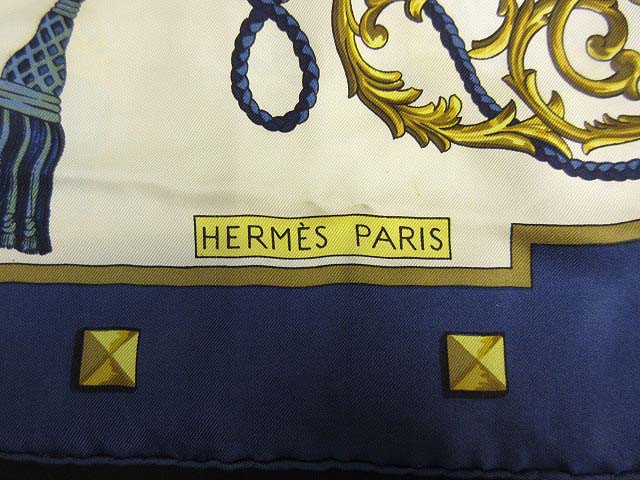 エルメス HERMES カレ 大判 スカーフ 鍵モチーフ ベージュ ブルー
