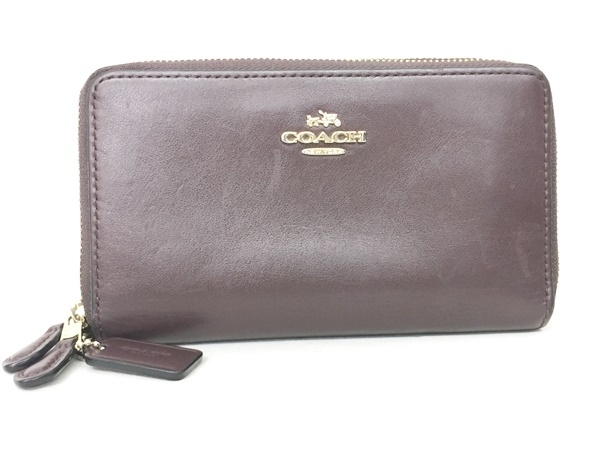 コーチ COACH 長財布 ウォレット ラウンドファスナー ロゴ レザー 茶 