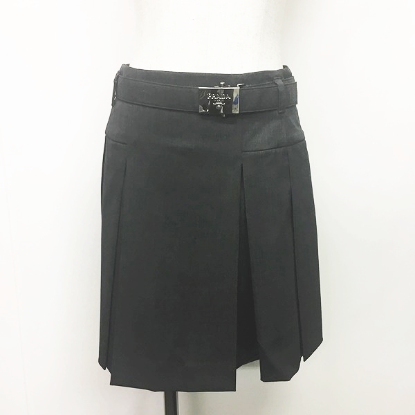 プラダ PRADA ベルト付き ミニ プリーツスカート ウール 灰 グレー 40 