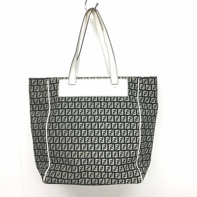 フェンディ FENDI ズッカ柄 キャンバス レザー トートバッグ 黒 白  