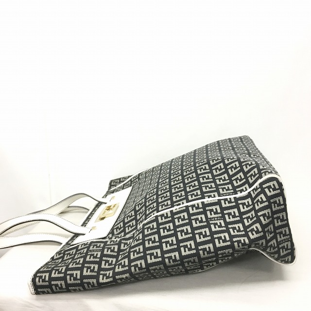 フェンディ FENDI ズッカ柄 キャンバス レザー トートバッグ 黒 白 