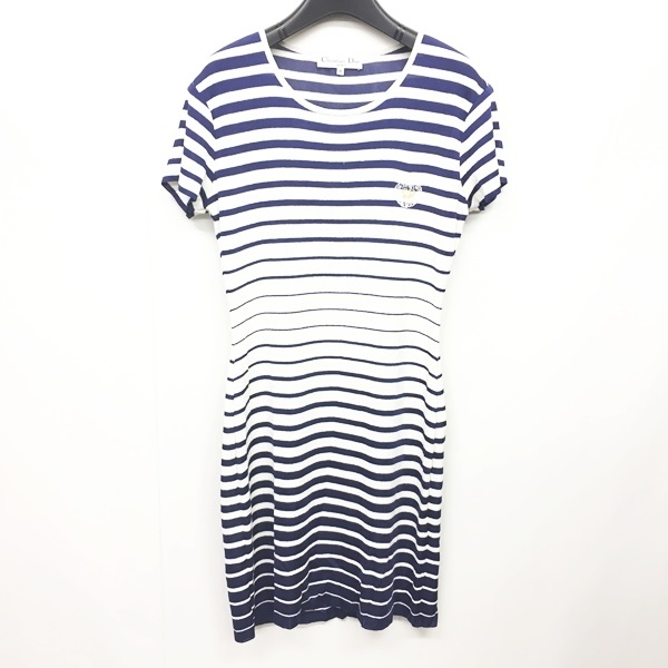 クリスチャンディオール Christian Dior Sports ニットワンピース ボーダー ロゴ 刺繍 半袖 ヴィンテージ 白 紺 M Rrr 0916 レディース 049 ベクトルパーク