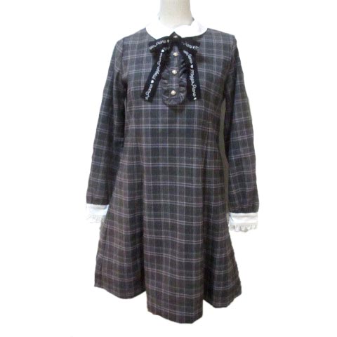 メゾピアノ Mezzo Piano ワンピース キッズ 女の子 子供服 ひざ丈 長袖 チェック リボン フリル 灰 グレー L 160 Rrr X キッズ 049 ベクトルパーク