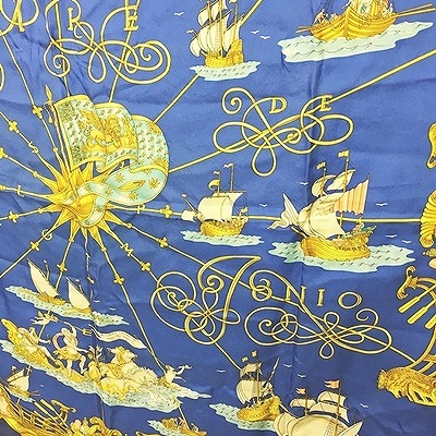 エルメス HERMES voiles de lumiere 光の帆船 カレ90 スカーフ シルク100% 青 ブルー 1130 レディース