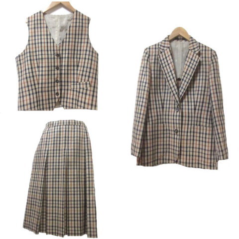 ダックス Daks 3ピース フォーマル スーツ チェック ウール リネン混 ベージュ ジャケット 背抜き 2b ベスト スカート 11ab3 13ab3 ひざ丈 インバーテッドプリーツ X レディース 049 ベクトルパーク
