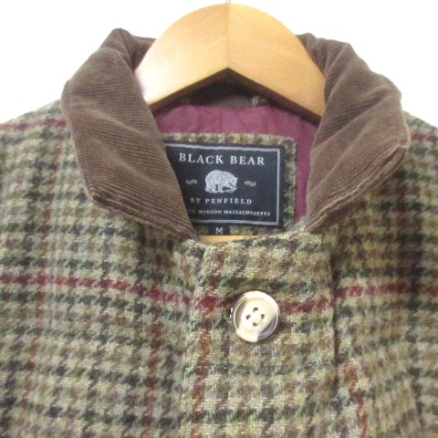 ペンフィールド Pen Field Black Bear ツイード ダウンジャケット 上着 チェック ウール エルボーパッチ カーキ M X メンズ 049 ベクトルパーク