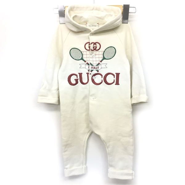 グッチ GUCCI ロンパース オールインワン ロゴ 刺繍 ラケット コットン 
