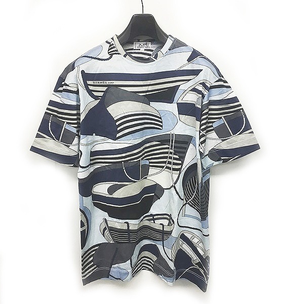 エルメス Hermes 総柄プリント Tシャツ カットソー ボートモチーフ 半袖 水色 ブルー S Ecr3 0322 メンズ レディース 049 902103220092 ベクトルパーク