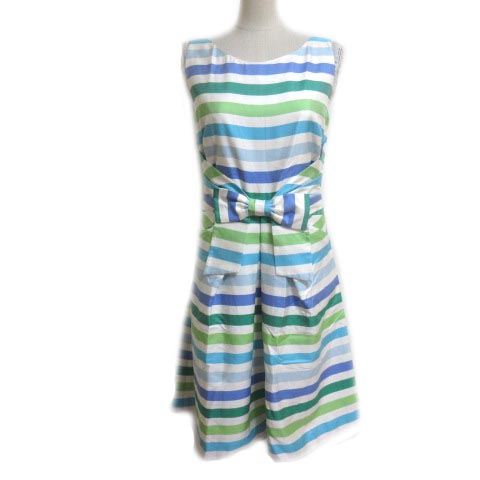 ケイトスペード Kate Spade ワンピース ボーダー ひざ丈 シルク ノースリーブ リボン 2 Sサイズ相当 白 青 緑 ホワイト ブルー グリーン X レディース 049 ベクトルパーク