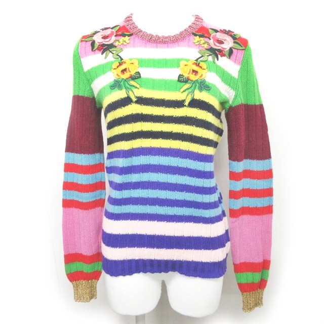 グッチ GUCCI 美品 マルチボーダー フラワー刺繍 チュニックニット  